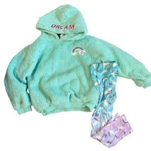 Betsey Johnson Teal Faux Fur DREAM Hoodie and Unicorn Rainbow Leggings Small